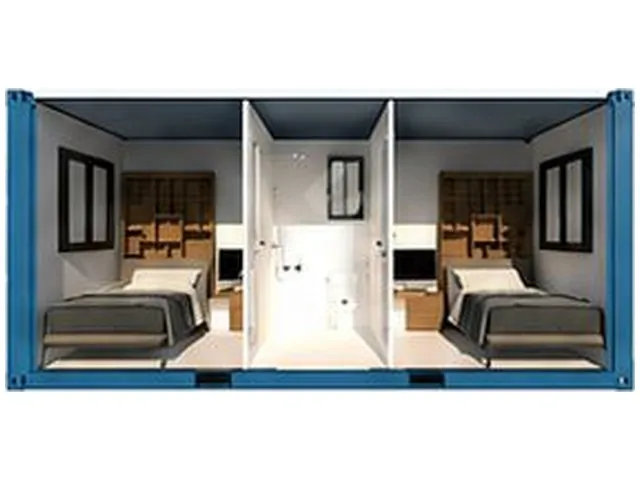 Container ouvert montrant deux chambres identiques séparées par un bloc sanitaire