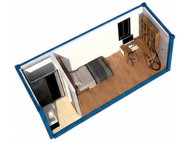 Vue écorchée d'une chambre individuelle avec bureau et salle d'eau