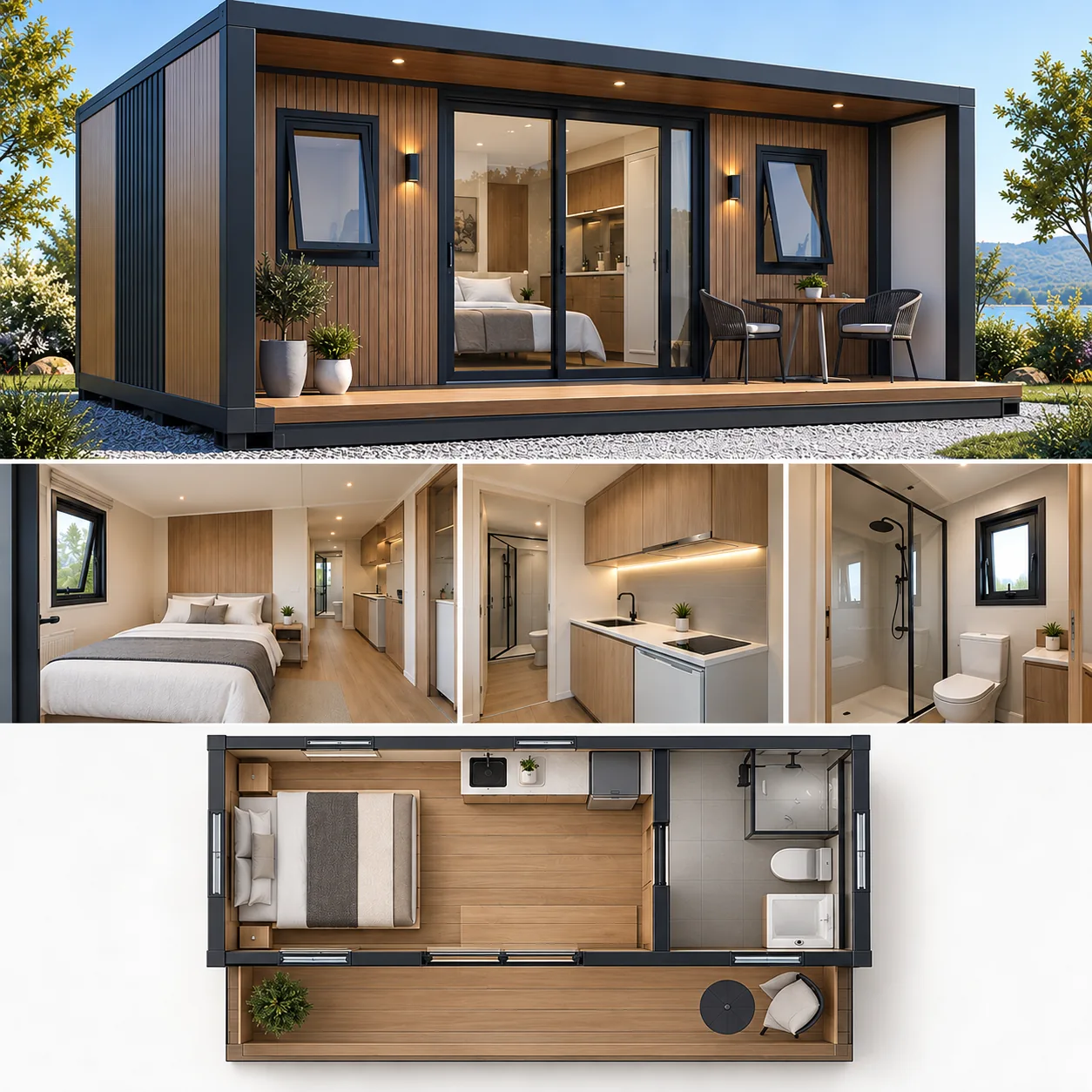 Module d’habitation : vue extérieure, chambre, cuisine, salle d’eau et plan d’aménagement.
